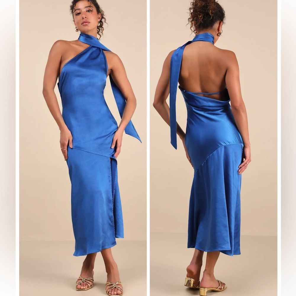 Lulus Reglan Blue Satin One-Shoulder Sash Midi Dress Size Medium NWT Formal Sexy